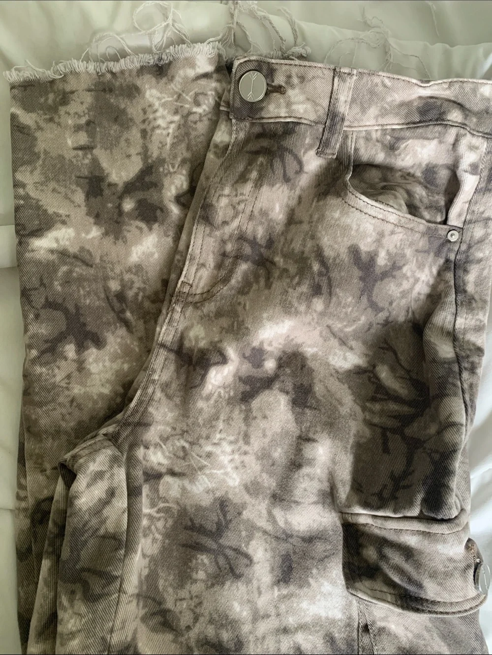 Banjara Y2K Lightning Marble Paint Wide-Leg Cargo Pants in Taupe Gray White